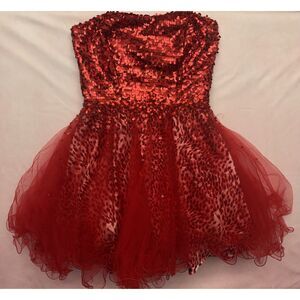 Y2K Red Sequin Strapless Leopard Tulle Party Mini Dress Hannah S